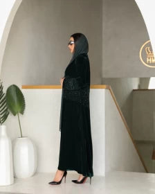 ABAYA VELVET GREEN WITH HAND MADE BEADS C:6314