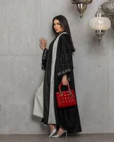 Black linen abaya with hand embroidery C:6453black