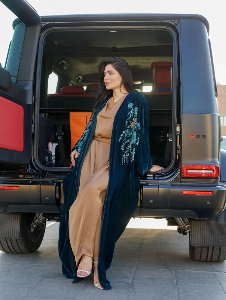 Blue velvet cloak with handmade embroidery