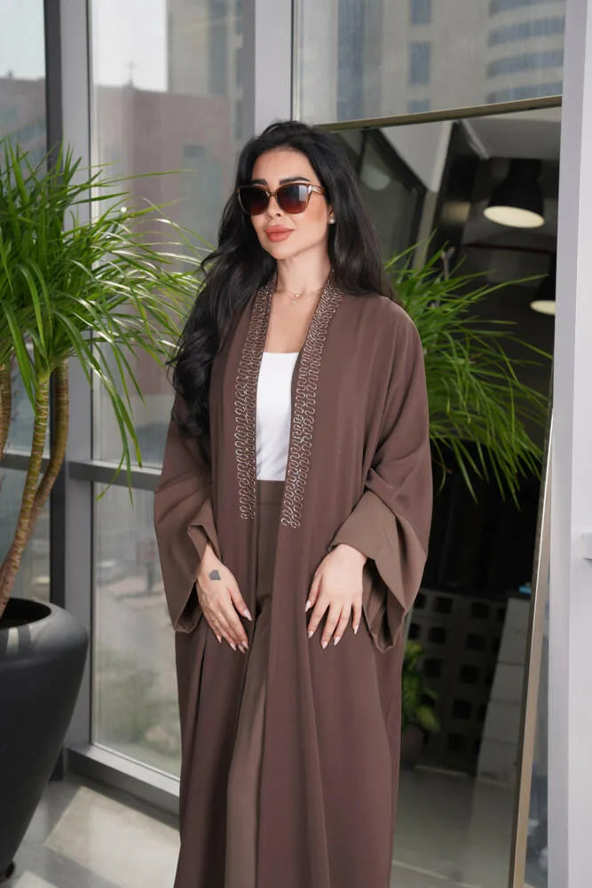 Free size crepe abaya with brown embroidery in front