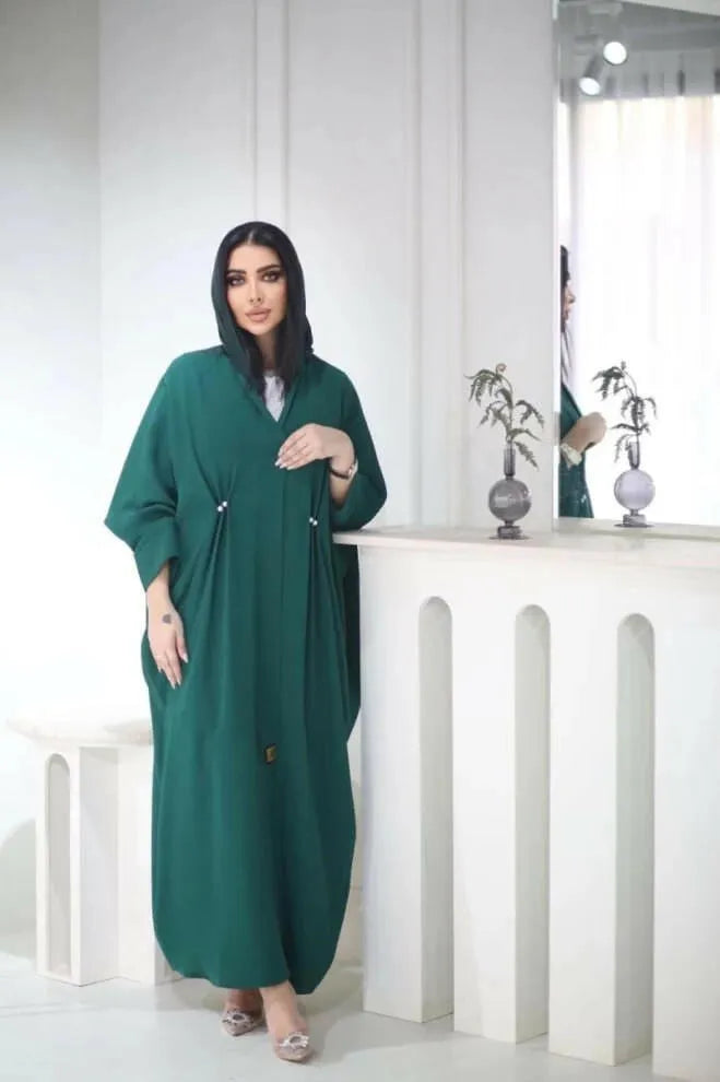 Free size green padded crepe abaya with pleats
