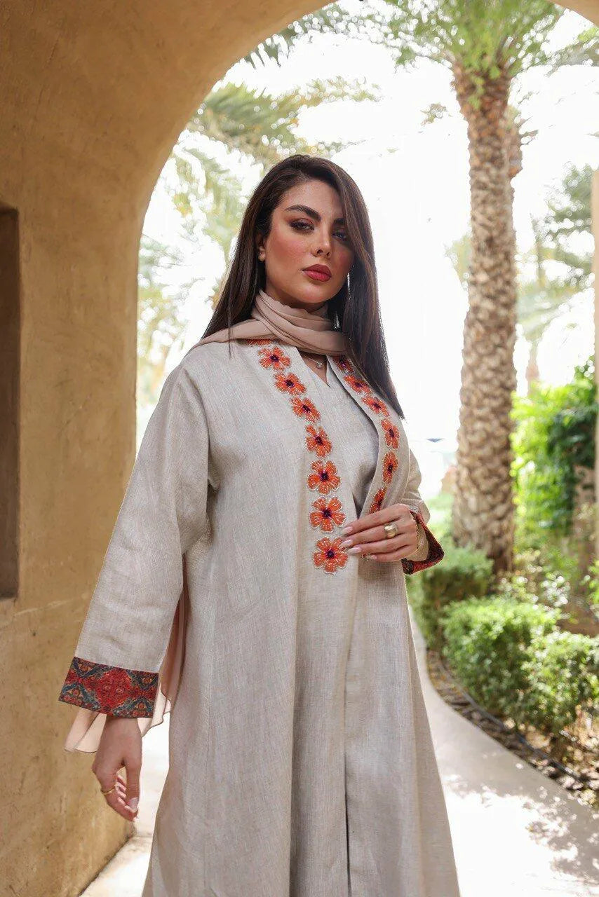 linen beige abaya with handmade beat