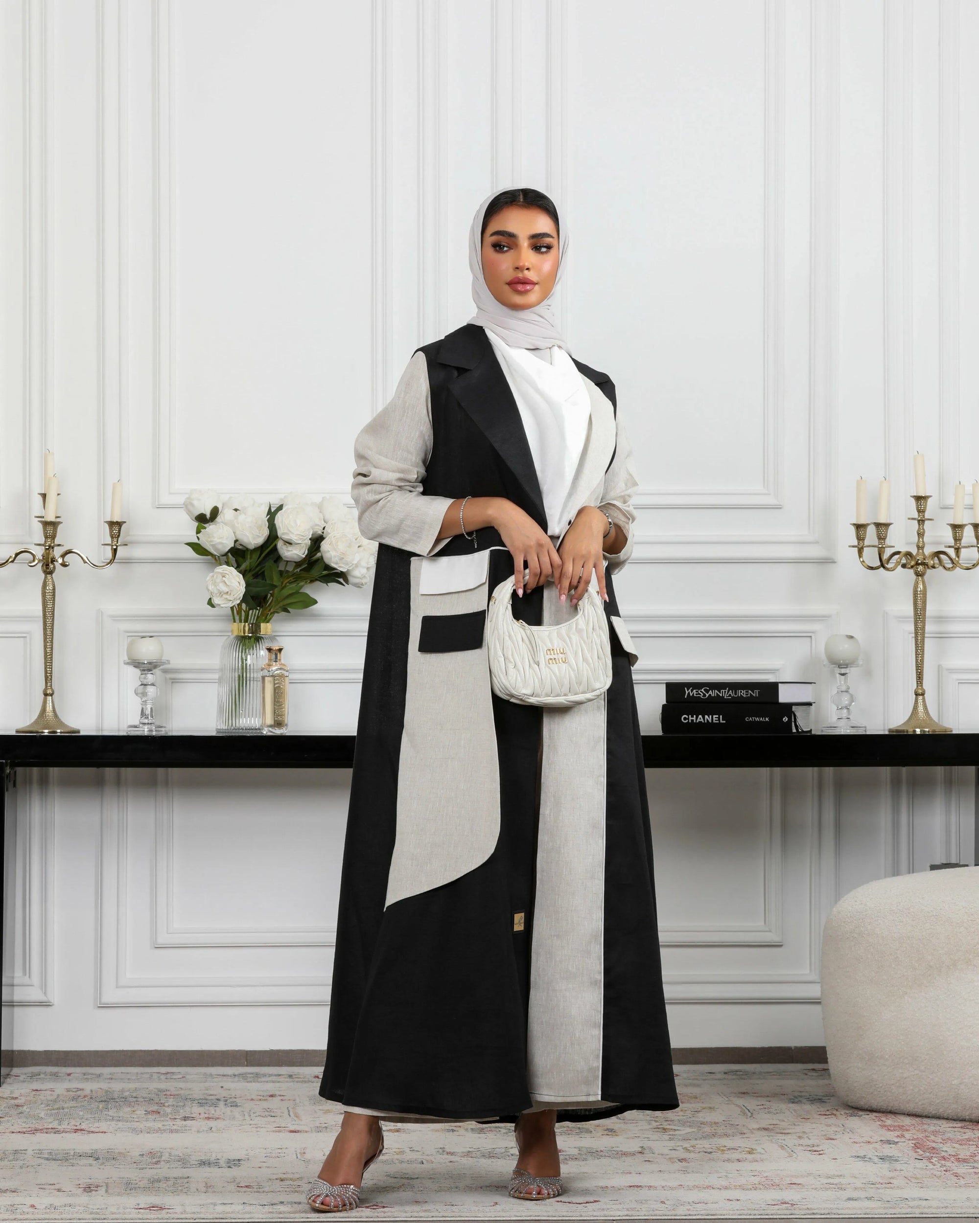 Black and beige linen blazer abaya