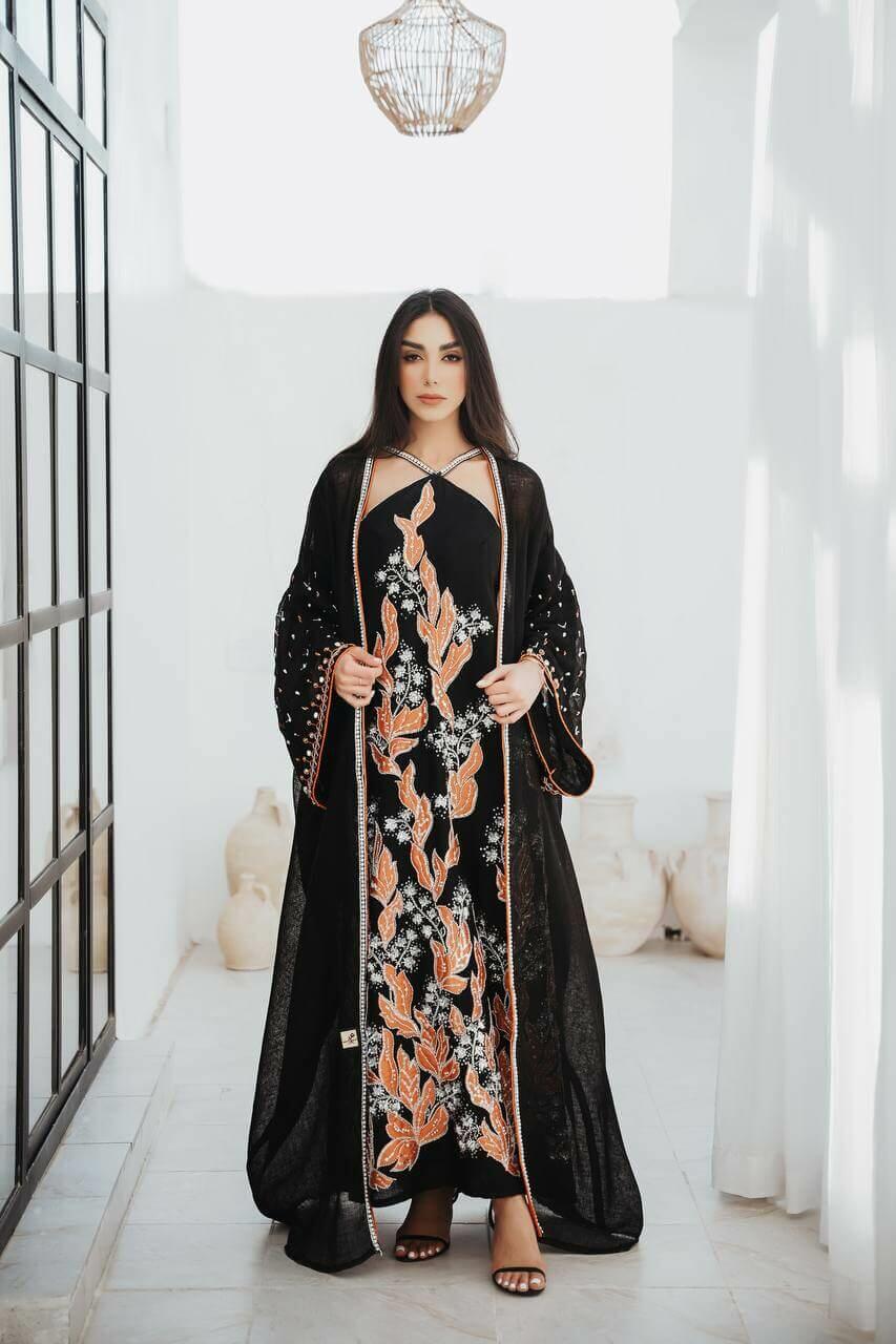 Black burlap bisht abaya with black linen dress