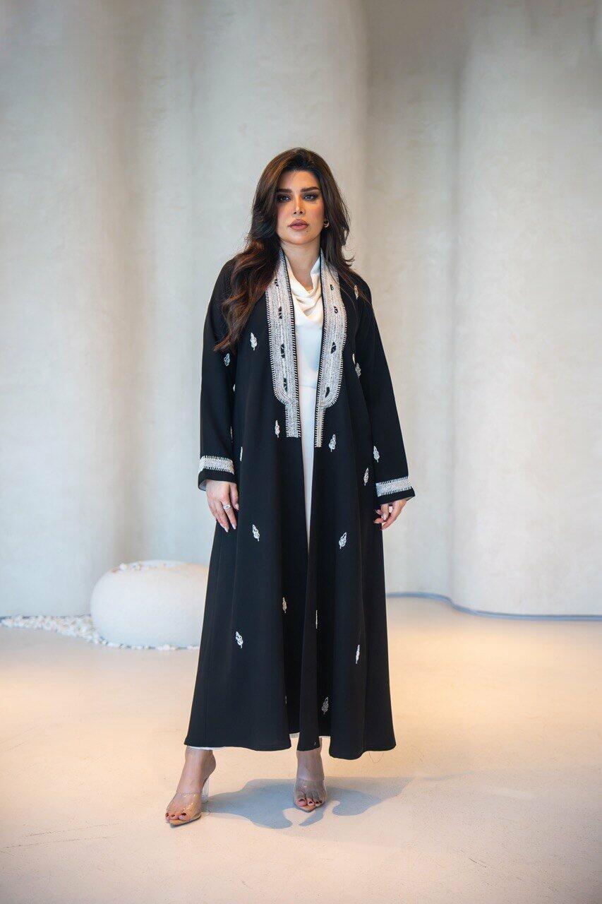 Black linen abaya with handmade sash