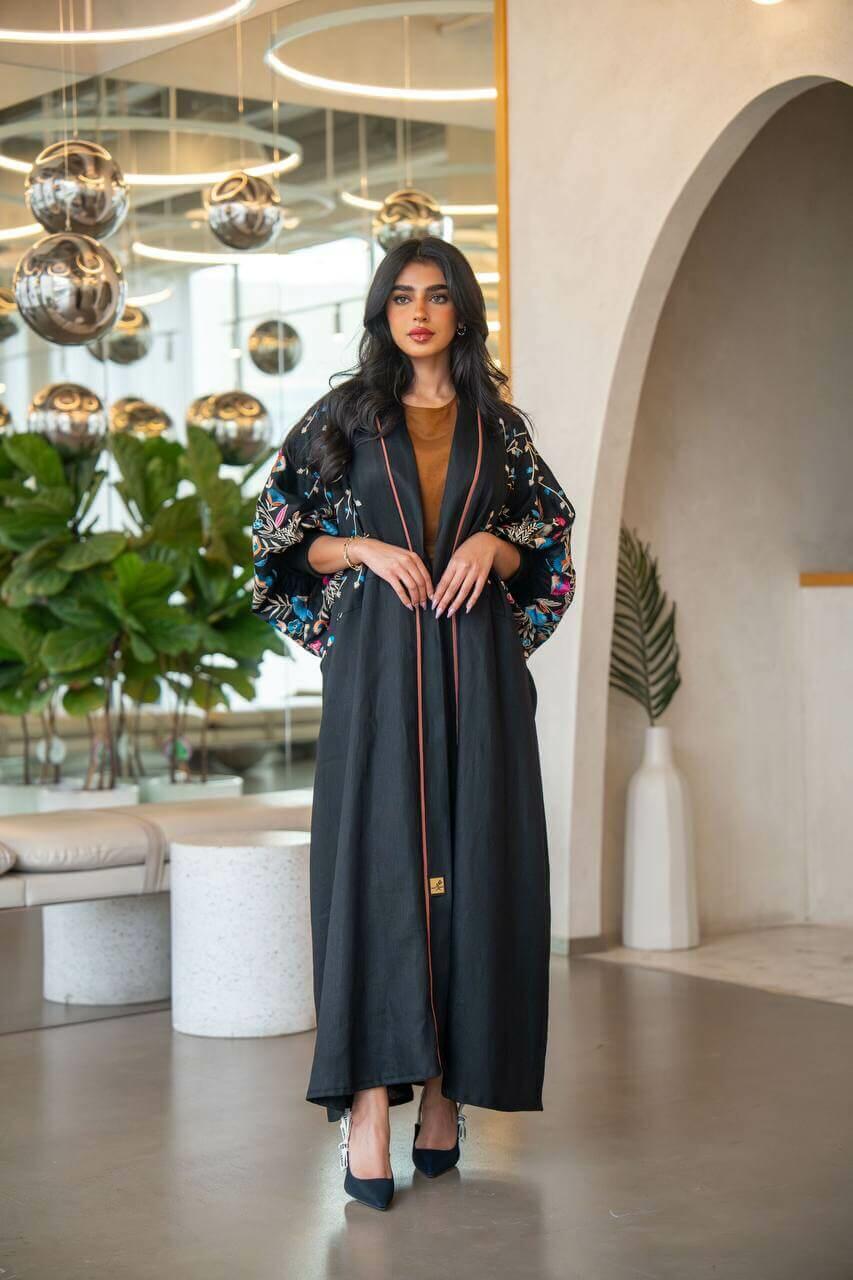 Black linen abaya with embroidery -free size