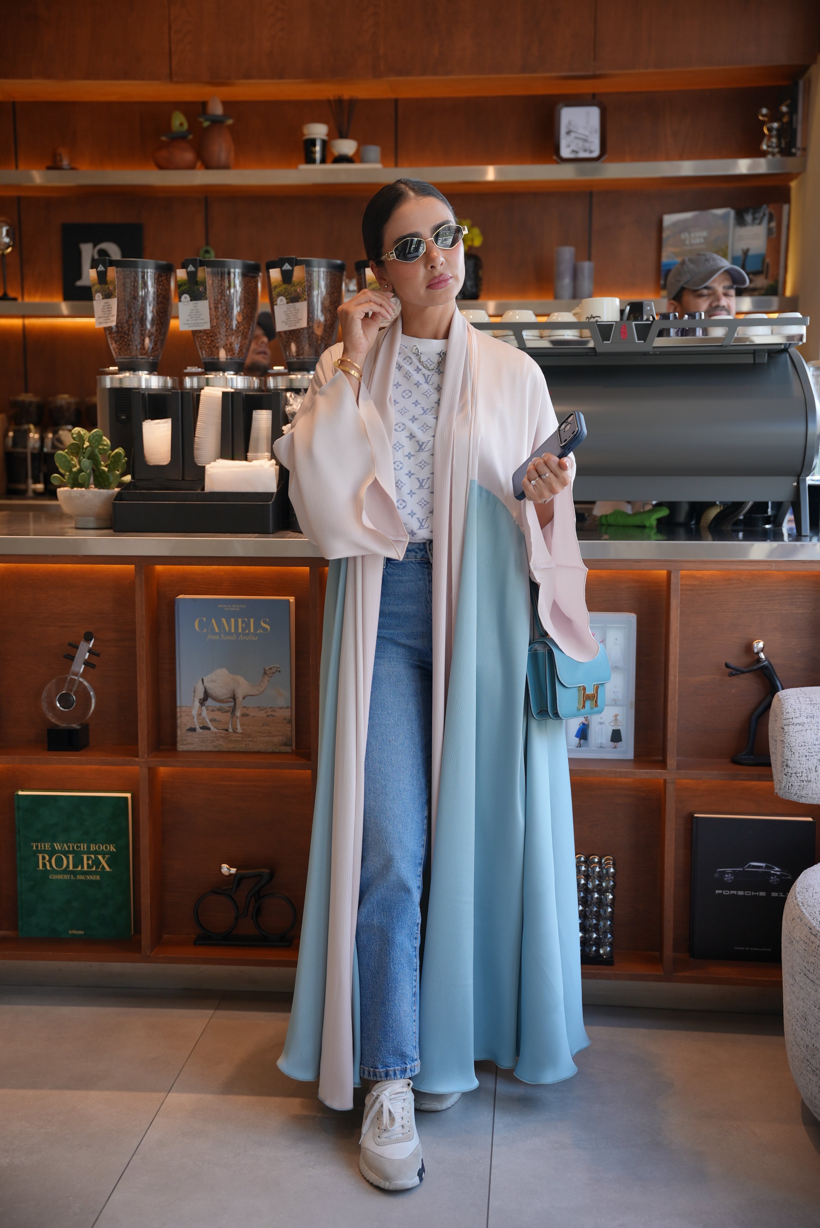 Beige and blue silk crepe Abaya - 1998