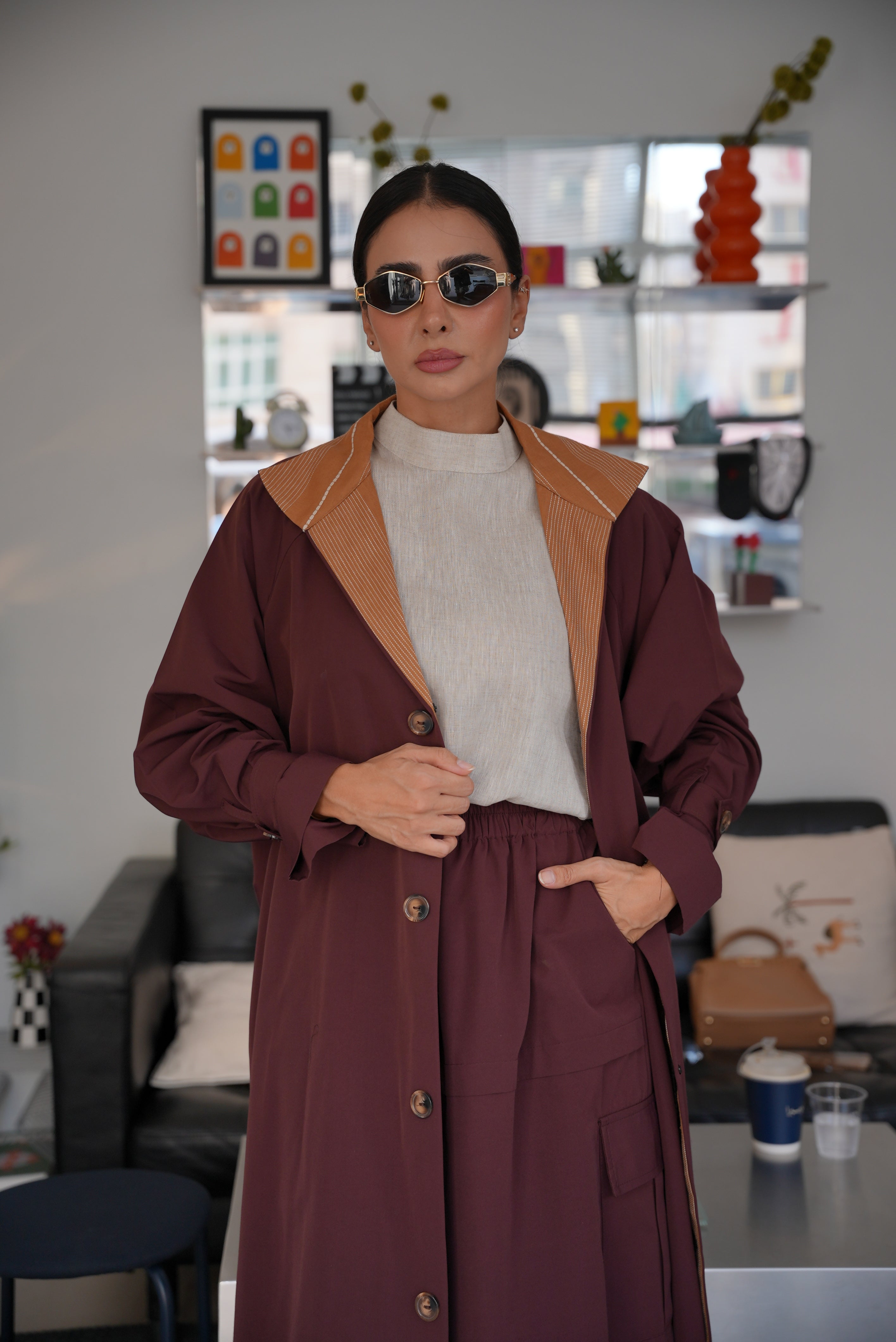 Burgundy mixed with beige abaya - 1996