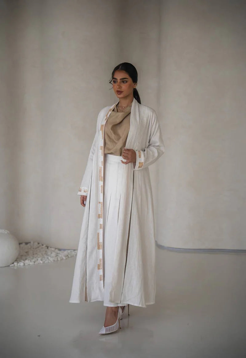 White linen abaya with inner set C:6640 White