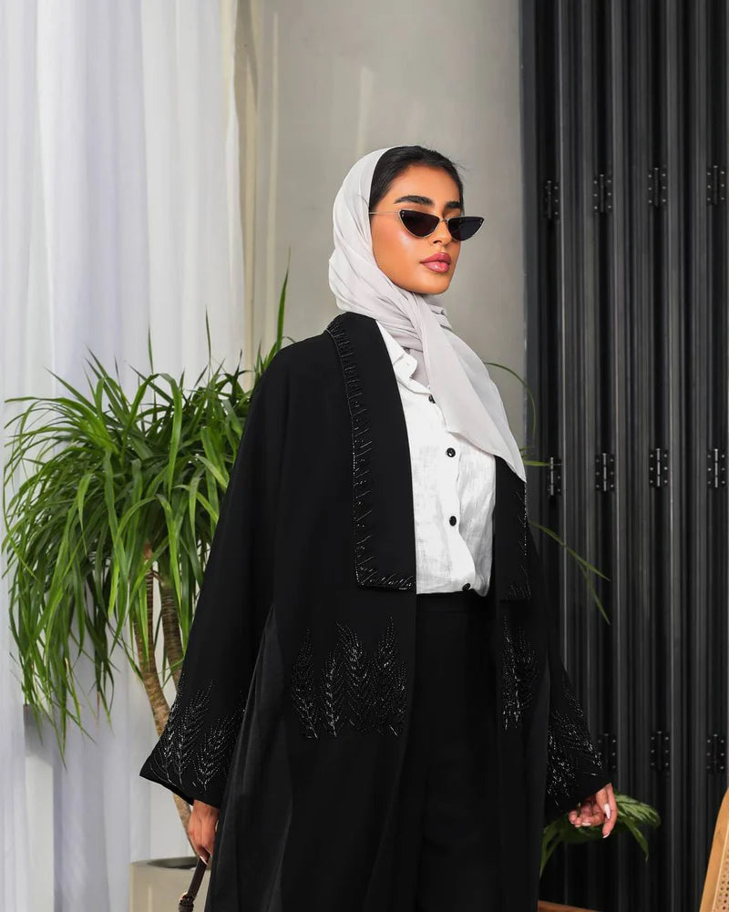 Crepe fabric abaya with hand doubt C:6493 Black