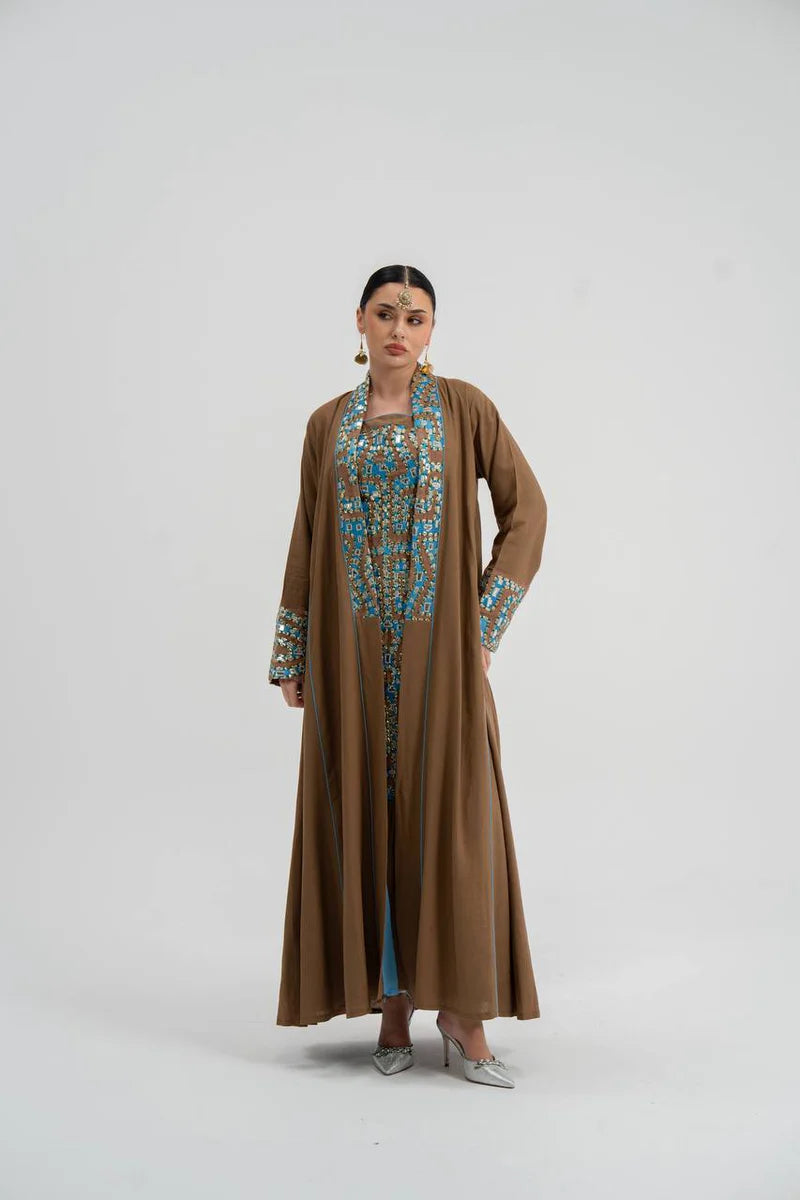 Linen abaya with embroidery (with inner set). C:6743