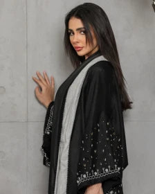Black linen abaya with hand embroidery C:6453black