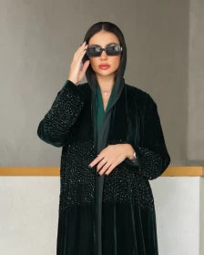 ABAYA VELVET GREEN WITH HAND MADE BEADS C:6314