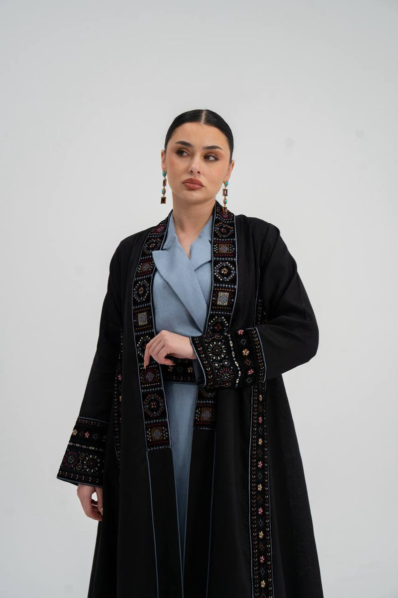 Linen abaya in black with embroidery.C:6746