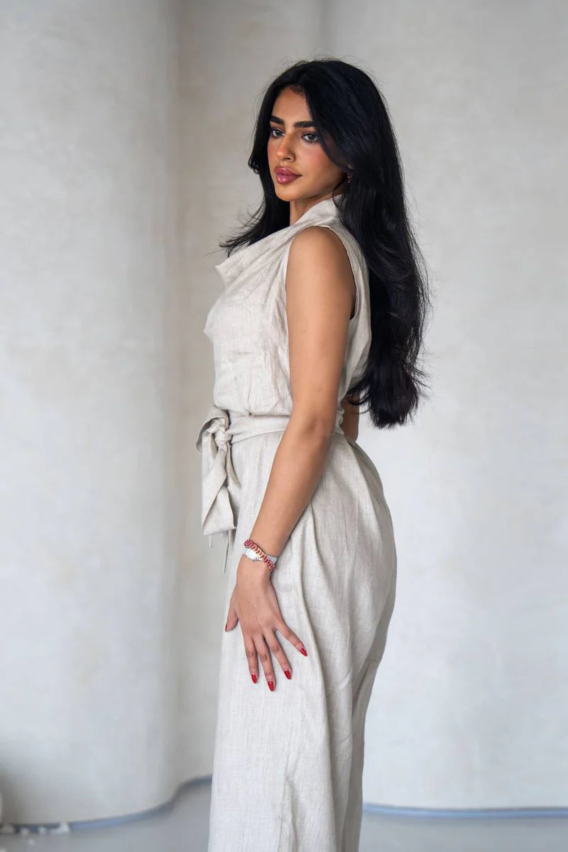 Linen jumpsuit in beige color C:196 Light Beige