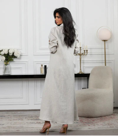 Beige linen blazer abaya C:6489 Beige