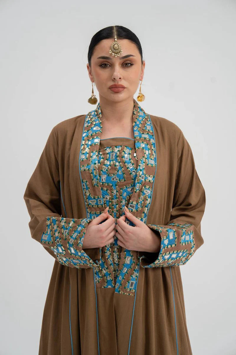 Linen abaya with embroidery (with inner set). C:6743