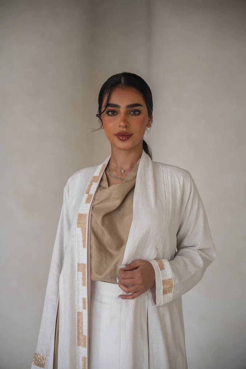 White linen abaya with inner set C:6640 White