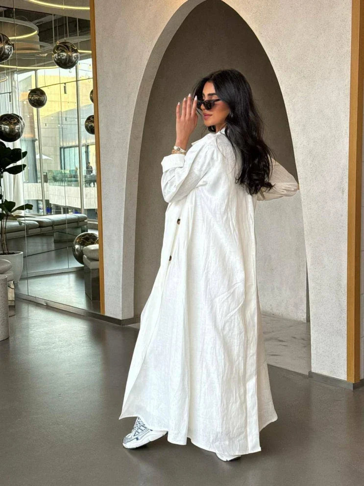 Linen Abaya White C:6459 White (FREE SIZE)