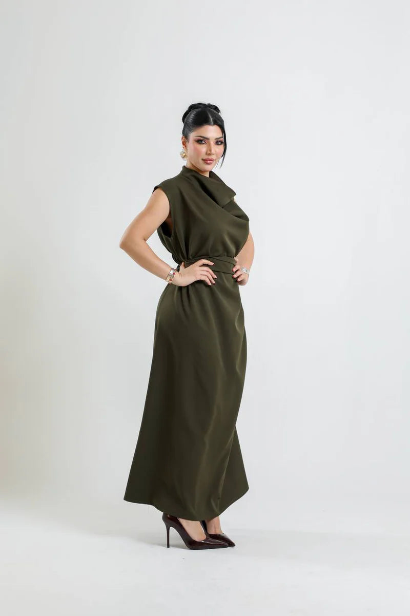 crepe dress in olive green. C:198 Green