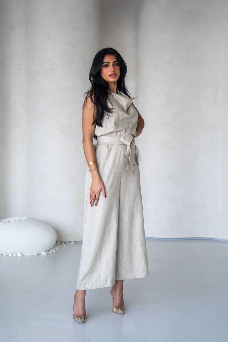 Linen jumpsuit in beige color C:196 Light Beige