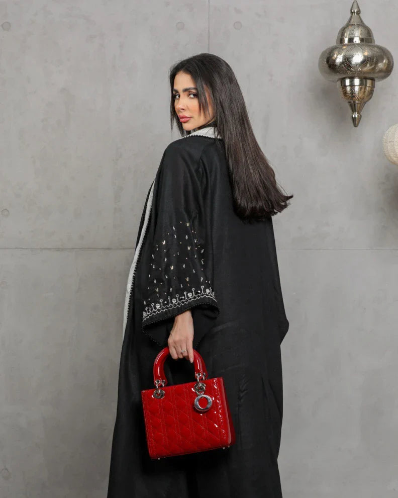 Black linen abaya with hand embroidery C:6453black