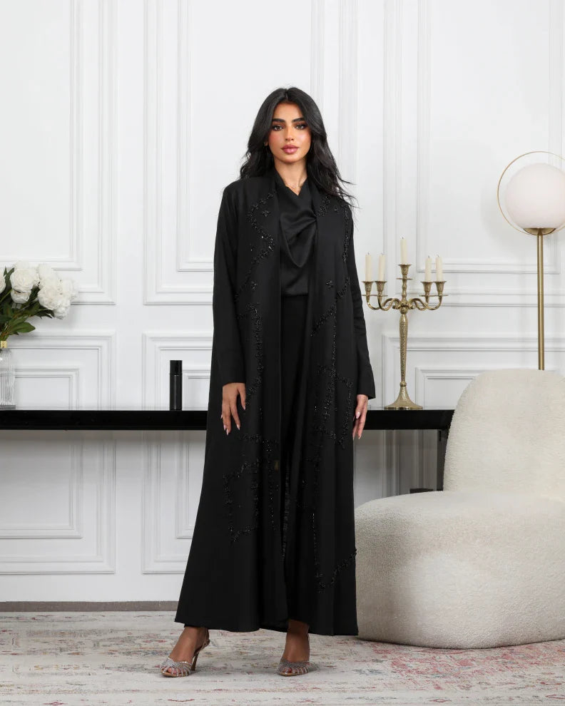 ABAYA BLACK LINEN WITH PEARL 6488 BLACK