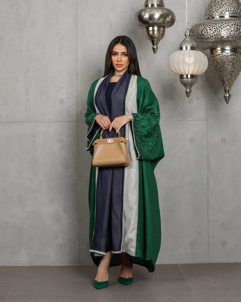 abaya Linen green handmade beads C:6453GREEN