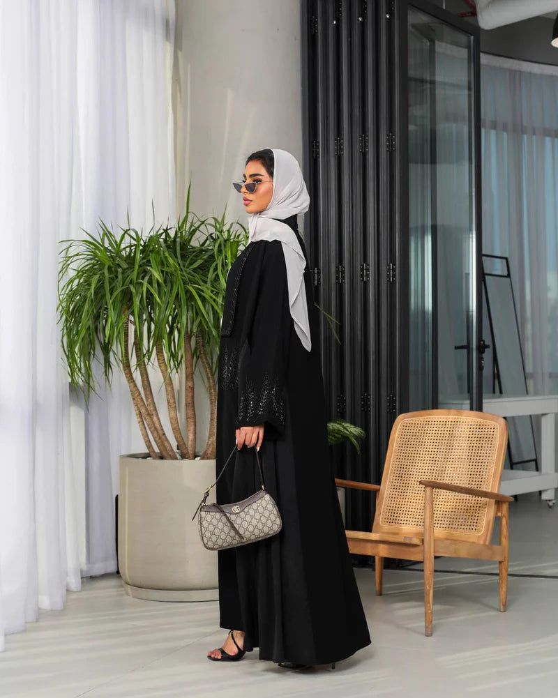 Crepe fabric abaya with hand doubt C:6493 Black