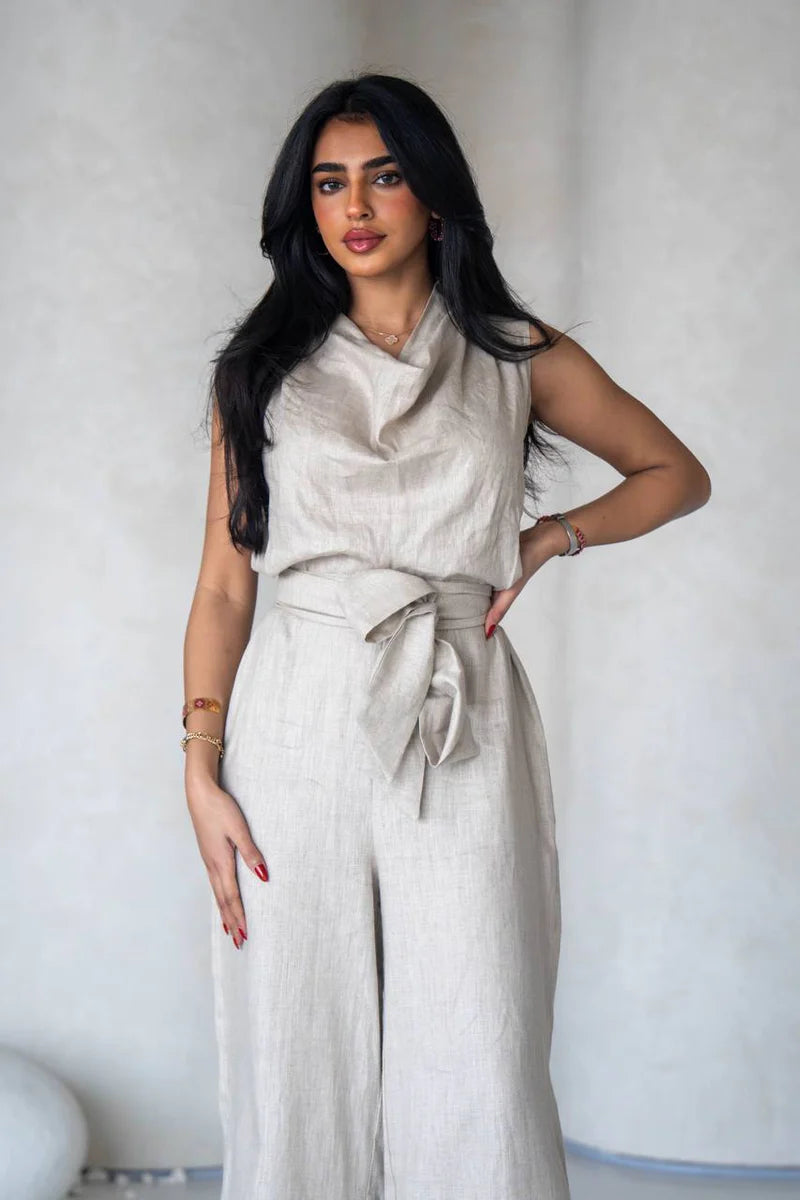 Linen jumpsuit in beige color C:196 Light Beige