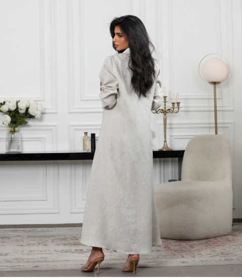 Beige linen blazer abaya C:6489 Beige