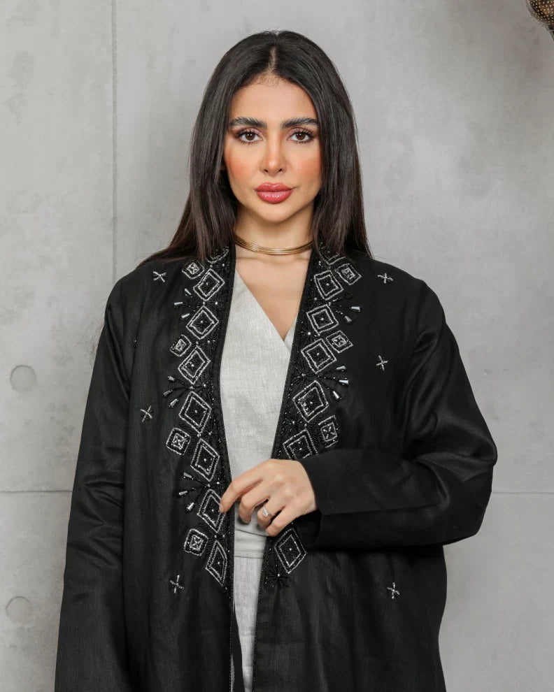 abaya Linen black with handmade embriodry C:6432BLACK