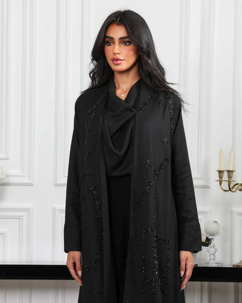 ABAYA BLACK LINEN WITH PEARL 6488 BLACK