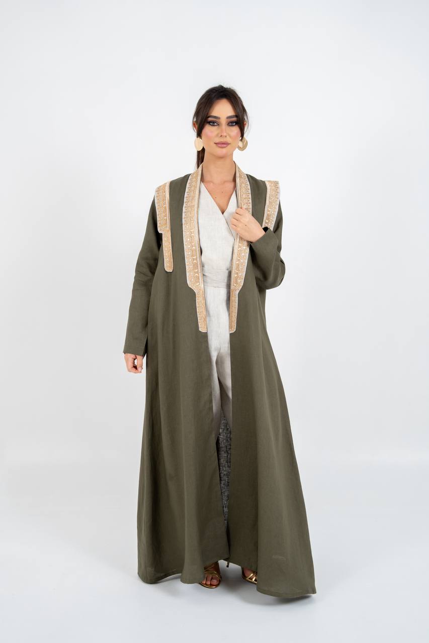 Linen abaya in olive green with embroidery