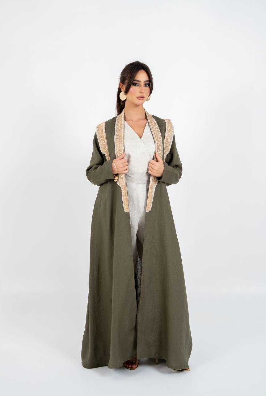 Linen abaya in olive green with embroidery