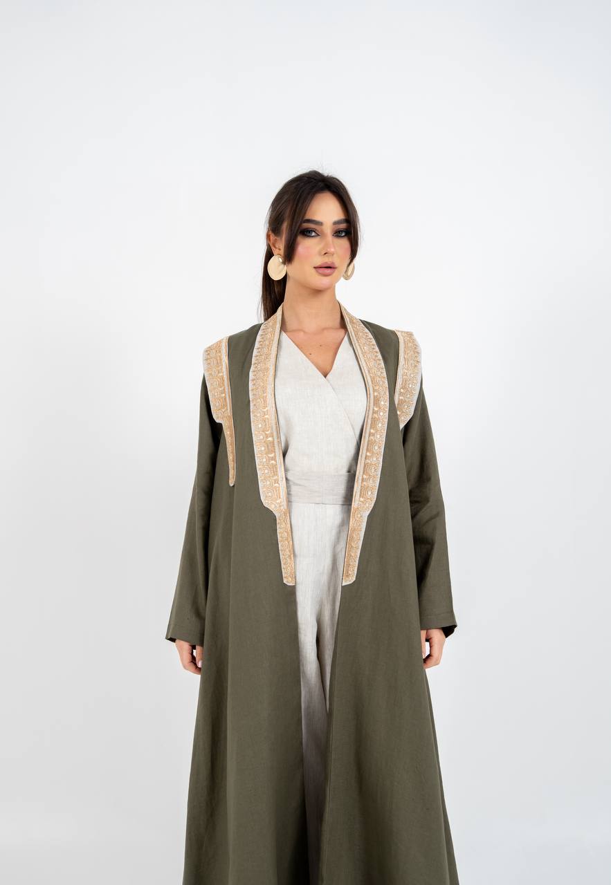 Linen abaya in olive green with embroidery