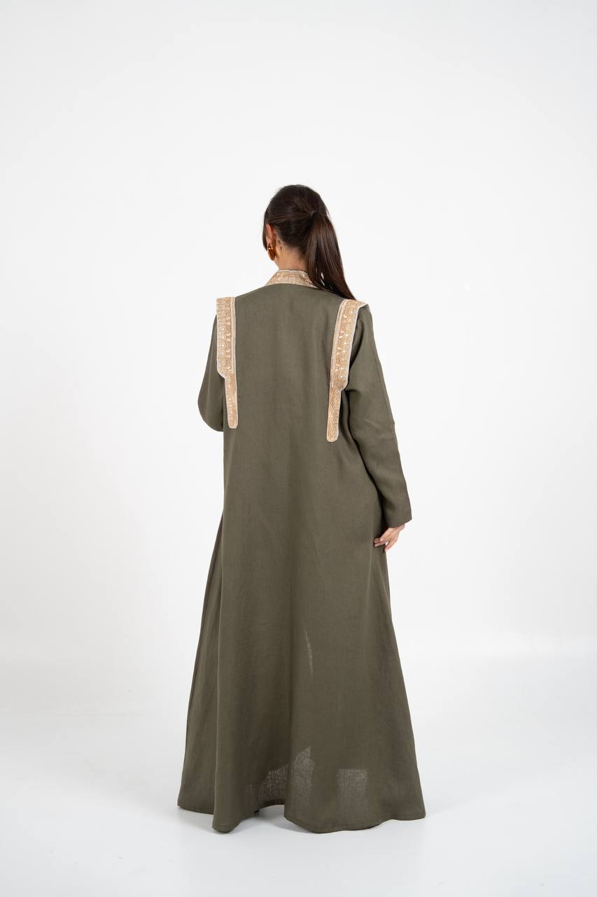 Linen abaya in olive green with embroidery