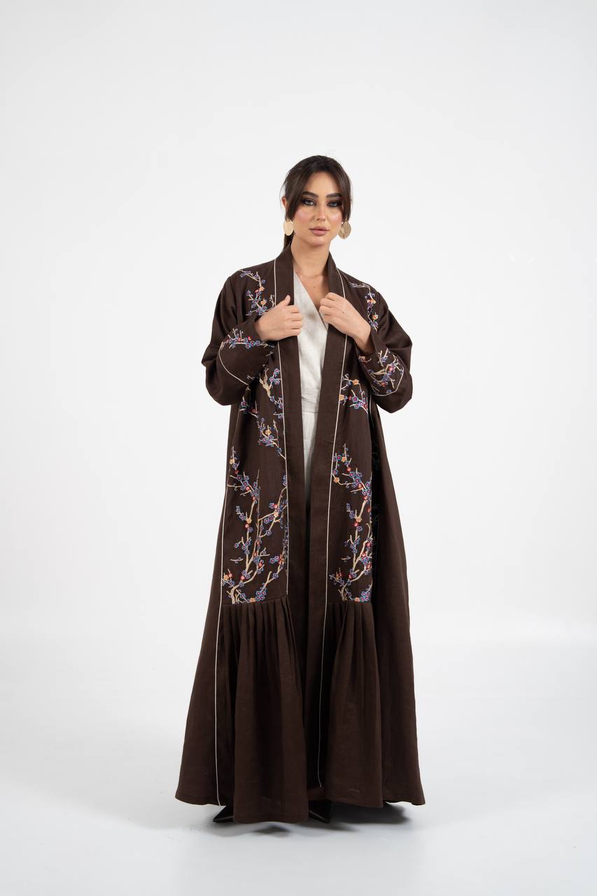 Linen abaya in brown with embroidery