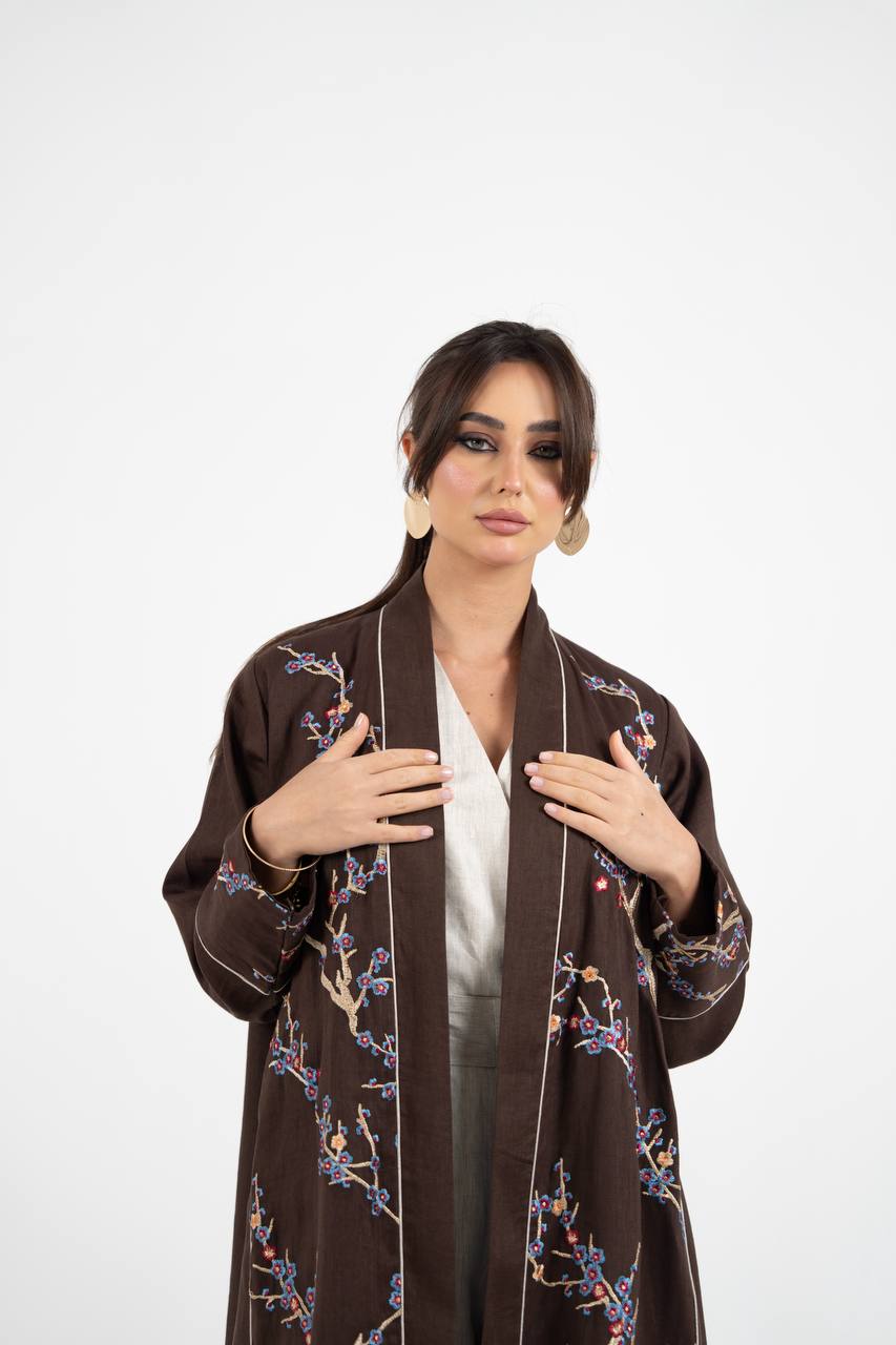 Linen abaya in brown with embroidery