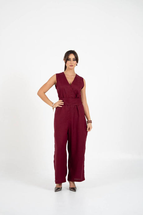 Burgundy crepe jumpsuit.