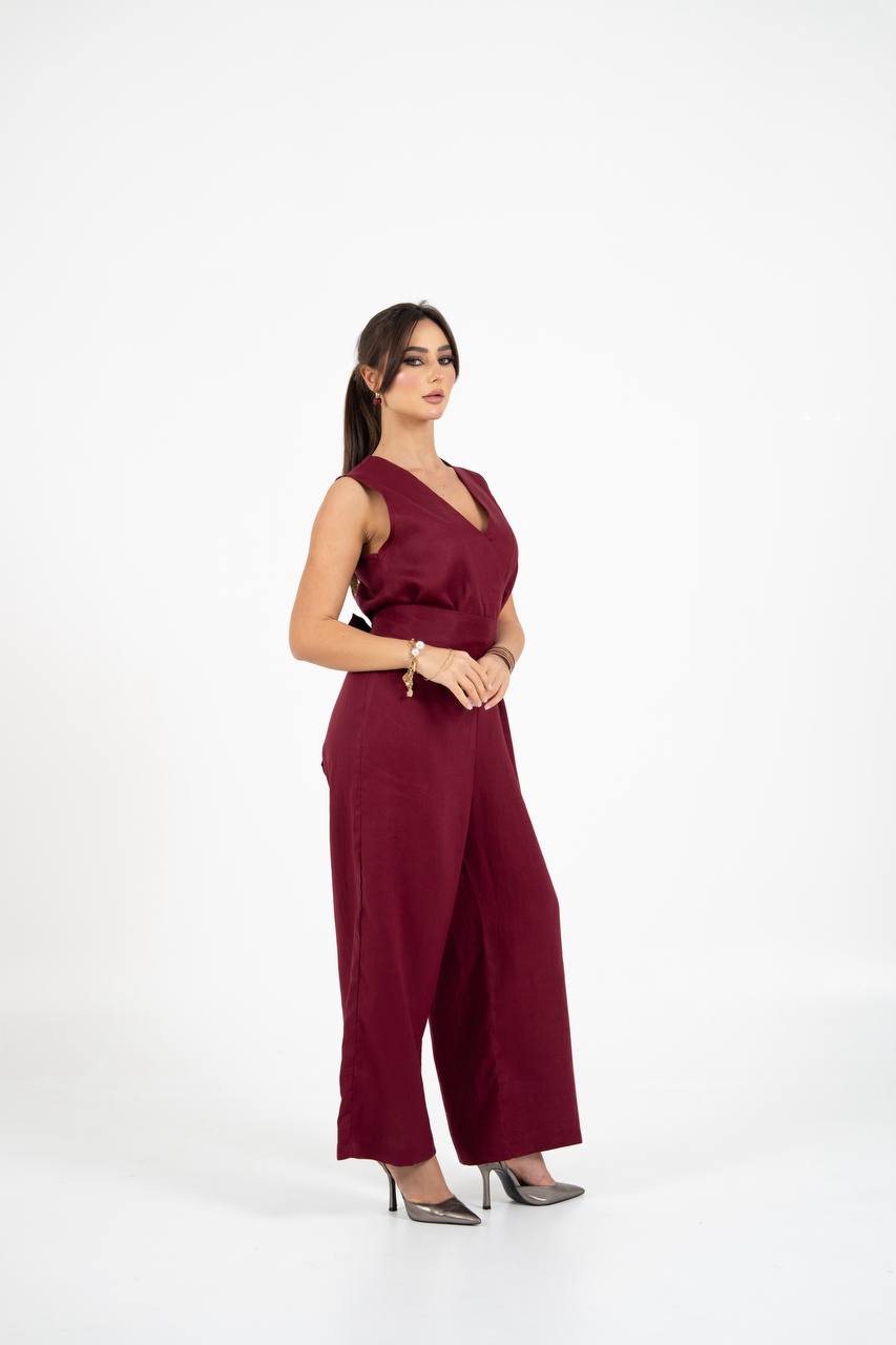 Burgundy crepe jumpsuit.