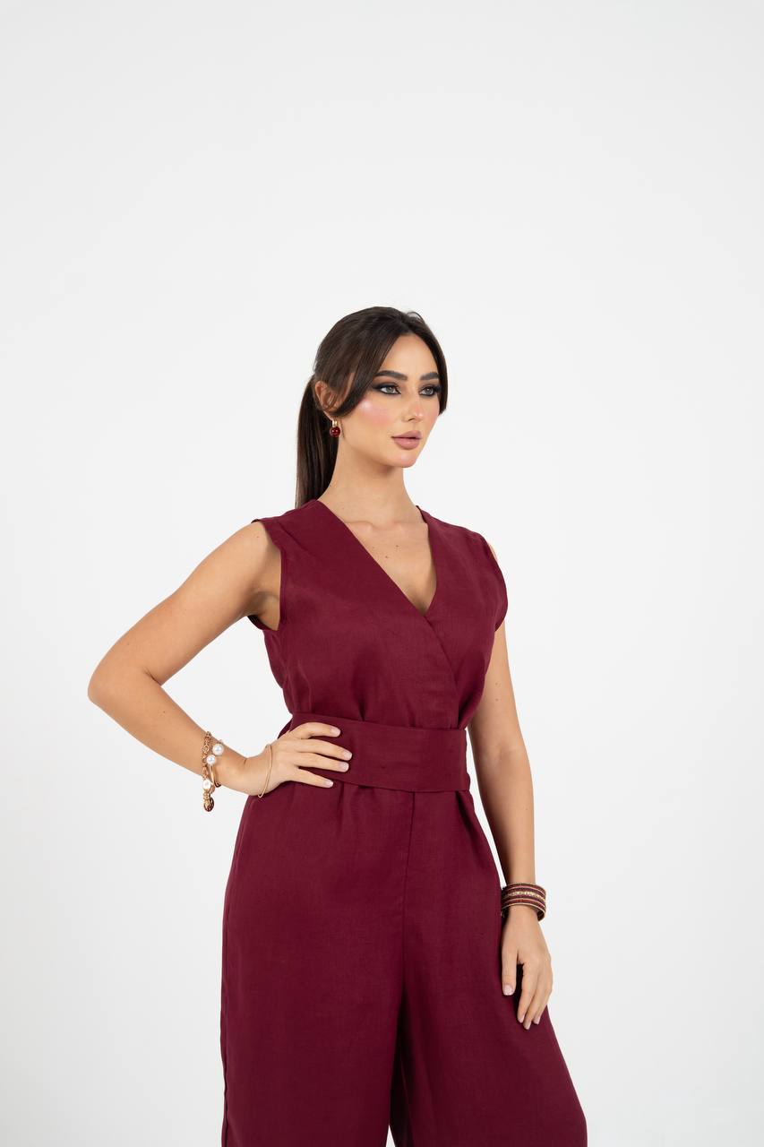 Burgundy crepe jumpsuit.