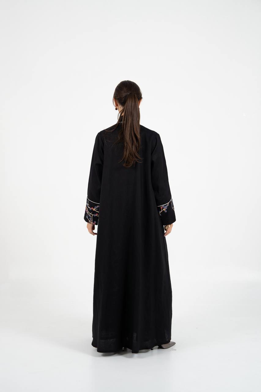 Linen abaya in black with embroidery
