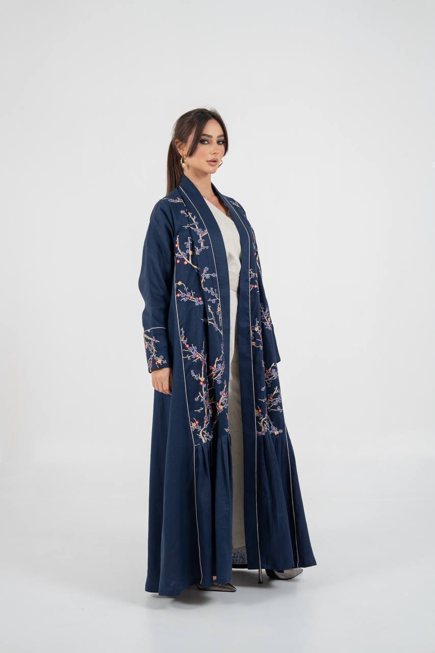 Linen abaya in navy blue with embroidery