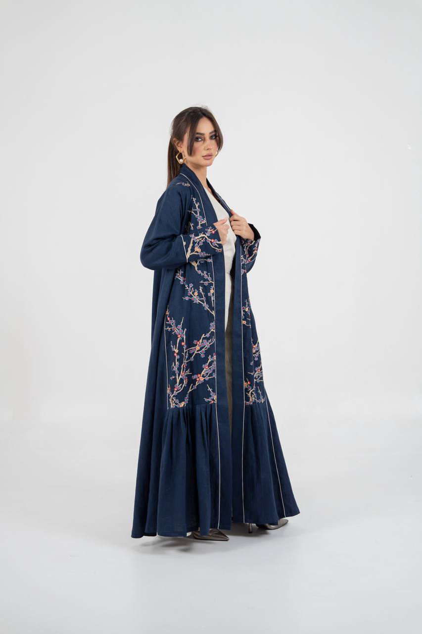 Linen abaya in navy blue with embroidery