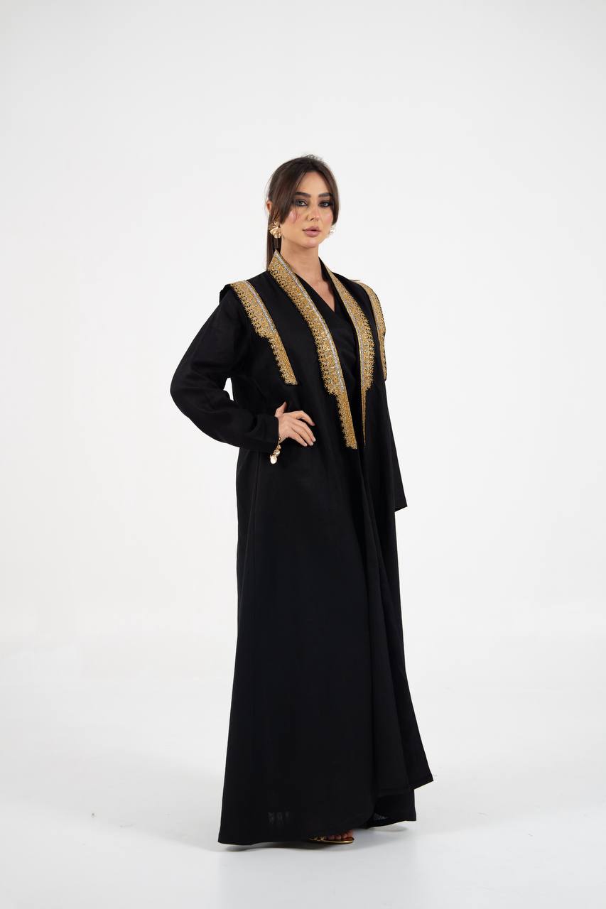 Linen abaya in black with embroidery