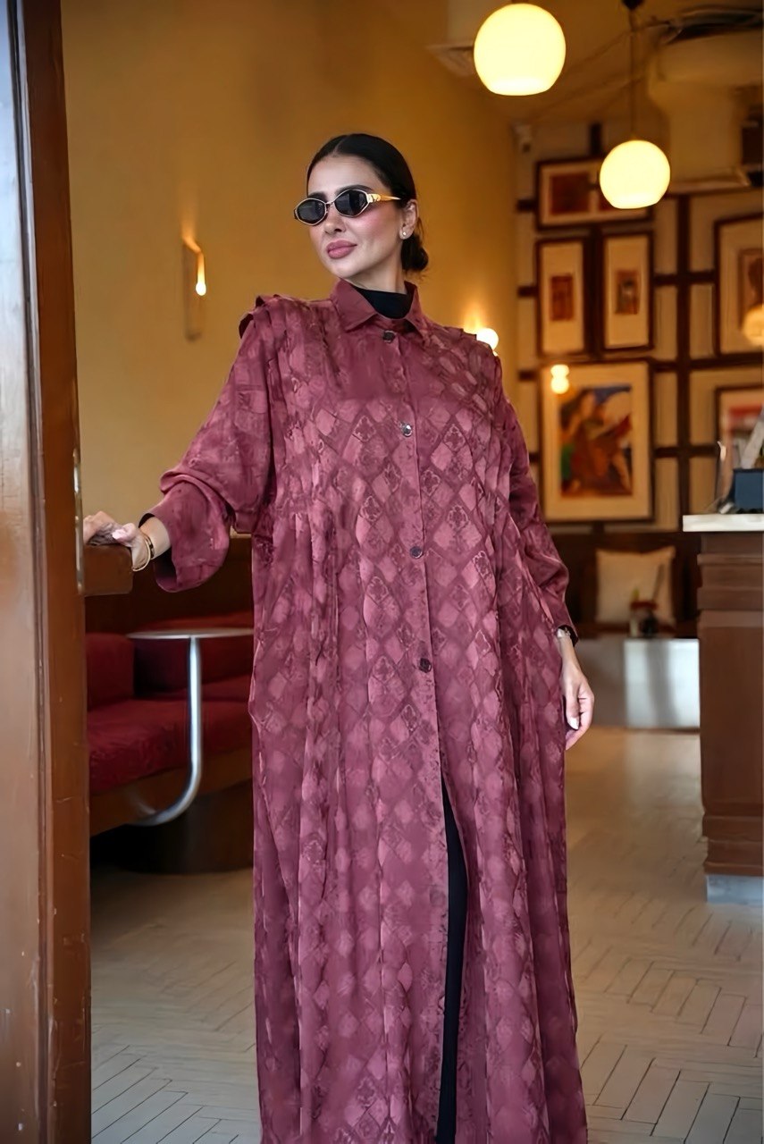Burgundy Printed Silk Crepe Abaya-2027