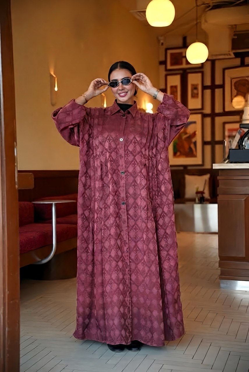 Burgundy Printed Silk Crepe Abaya-2027