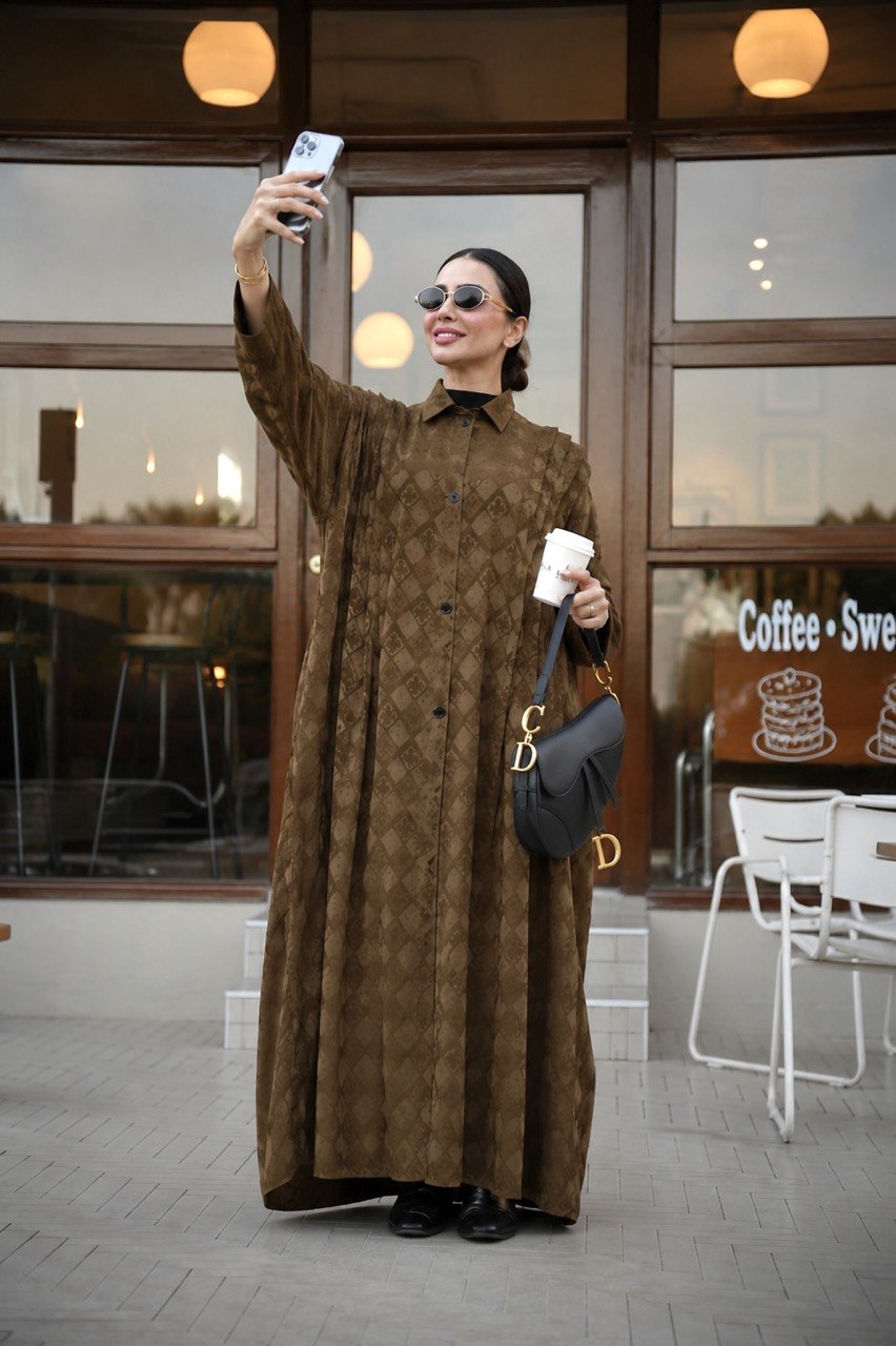 Camel Printed Silk Crepe Abaya-2025