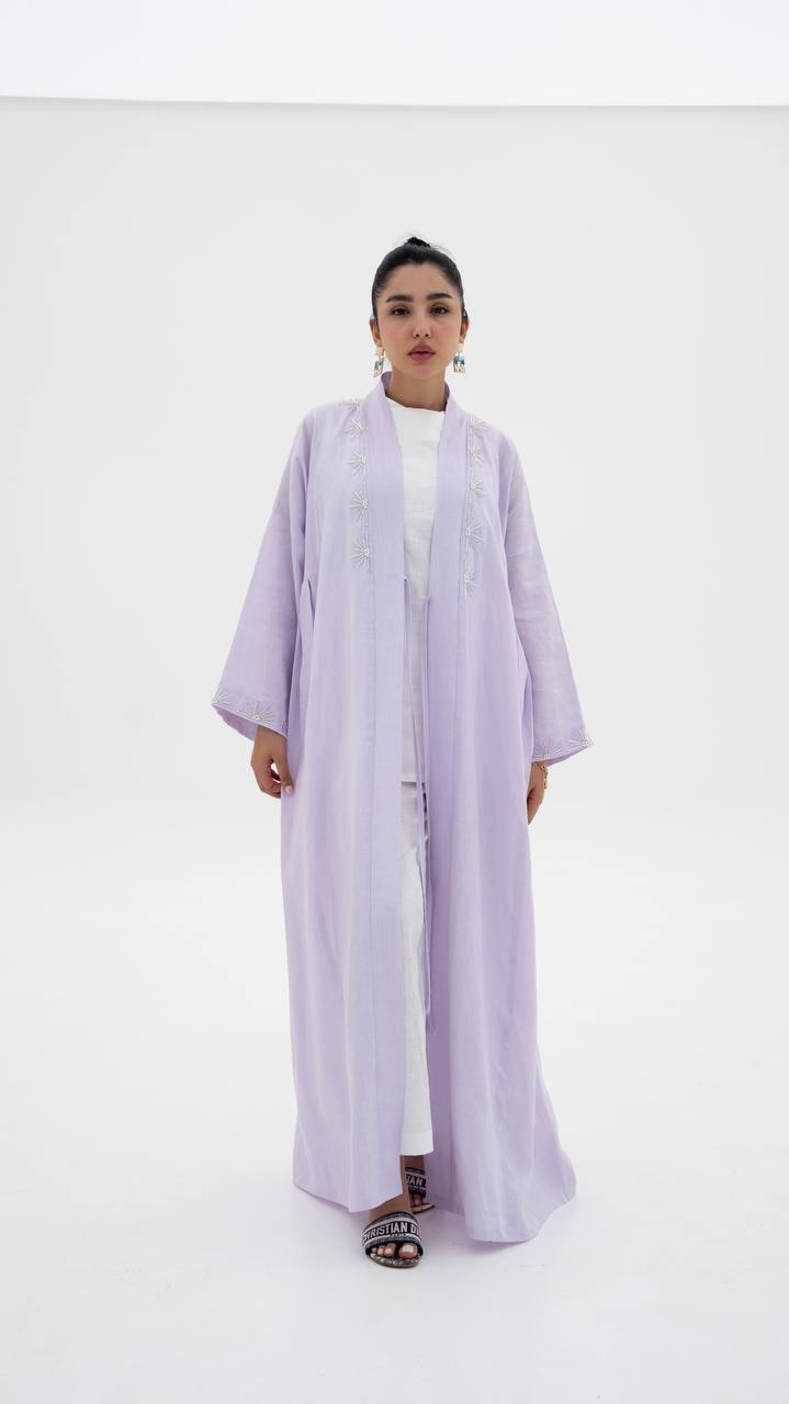 Light purple linen abaya with hand-stitched details (1921)